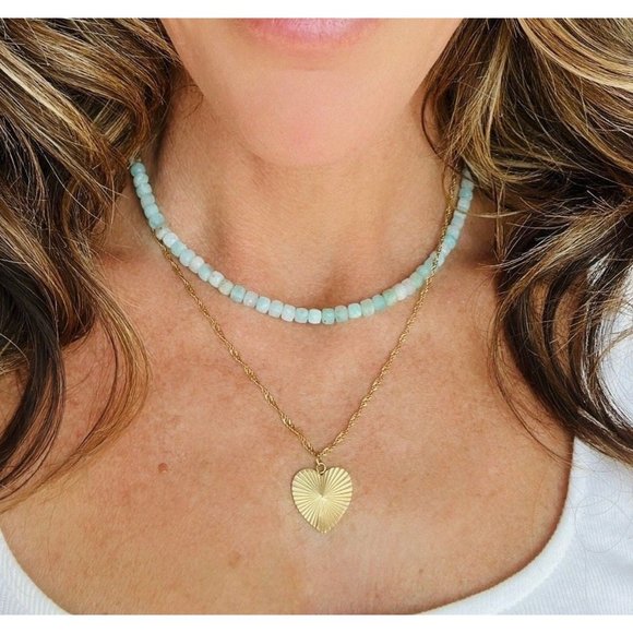 Turquoise Amazonite Gemstone Necklace Gold Toggle Clasp Removable Baroque Pearl - Picture 3 of 12